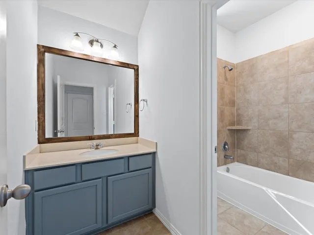 a bathroom with a bathtub sink and mirror
