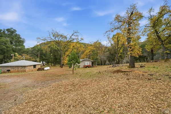 a backyard of a house with a mountain and trees