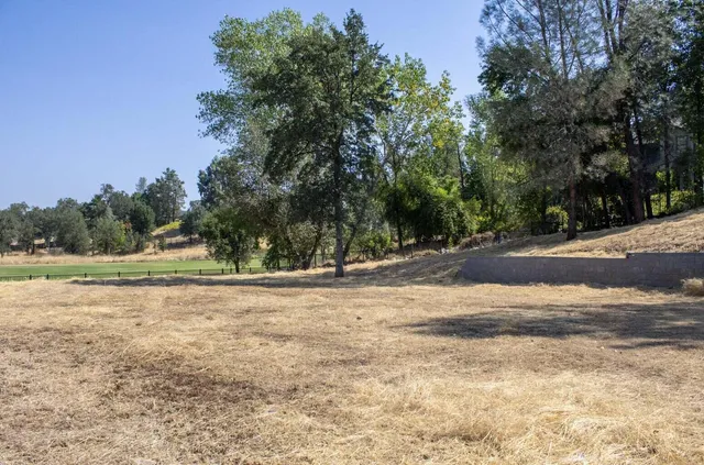 a view of dirt field with trees in the background