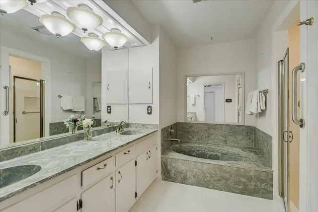 a bathroom with a granite countertop sink a large mirror and shower