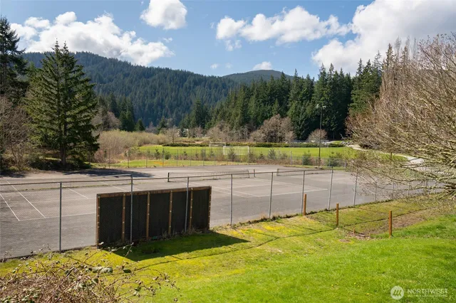 a view of swimming pool with a garden and trees in the background