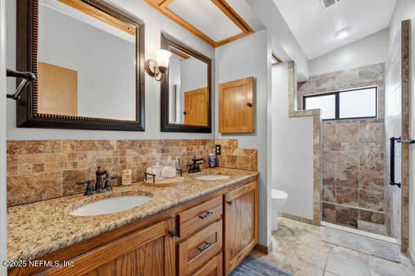 6519 Neale Road Melrose, FL 32666 - Photo 34 of 57 a bathroom with a granite countertop sink a mirror and a shower