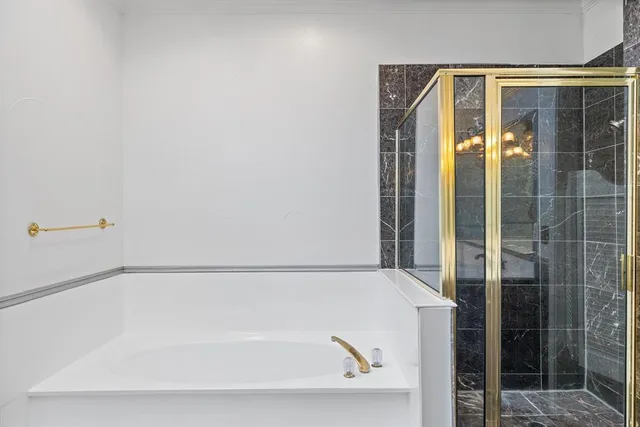 a bathroom with a bathtub and shower