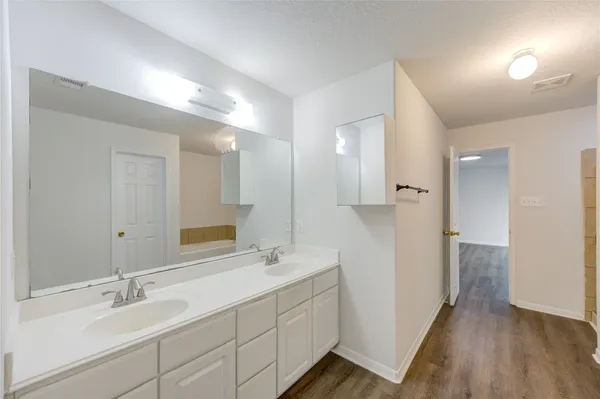 a bathroom with double vanity sink and a mirror