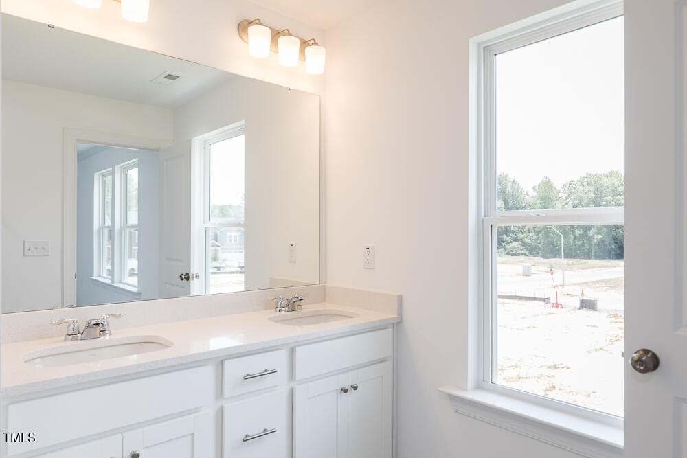 161 Charlie Smith Road Angier, NC 27501 - Photo 19 of 57 a bathroom with a double vanity sink and a mirror