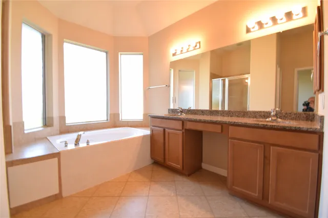 a spacious bathroom with a double vanity sink large mirror and a bathtub