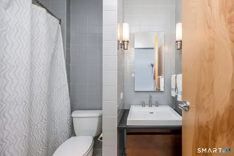 a bathroom with a sink a toilet and shower curtain