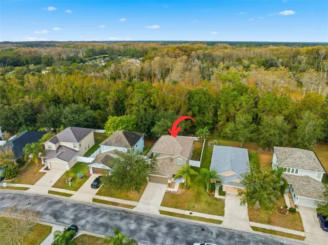 an aerial view of residential houses with outdoor space and swimming pool