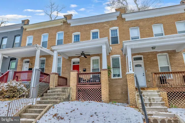 a front view of a brick building