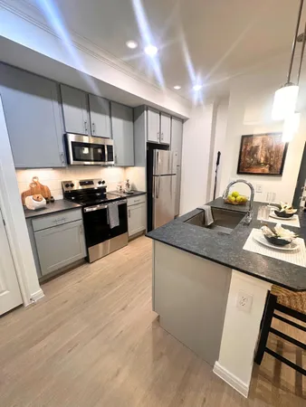 a kitchen with stainless steel appliances granite countertop a sink dishwasher stove top oven and refrigerator
