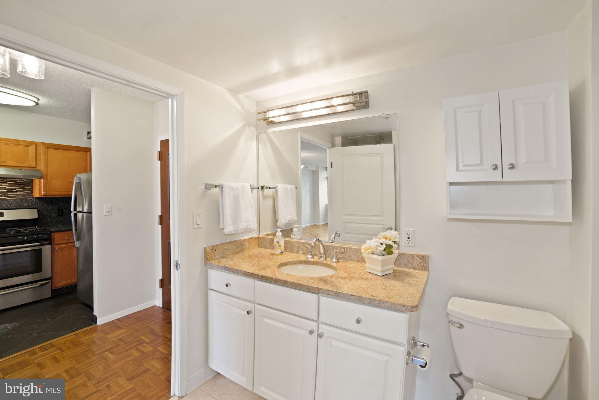 7111 Woodmont Avenue, Unit 514 Chevy Chase, MD 20815 - Photo 19 of 38 a bathroom with a granite countertop sink a toilet and a mirror