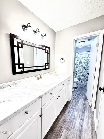a bathroom with a sink a mirror and shower