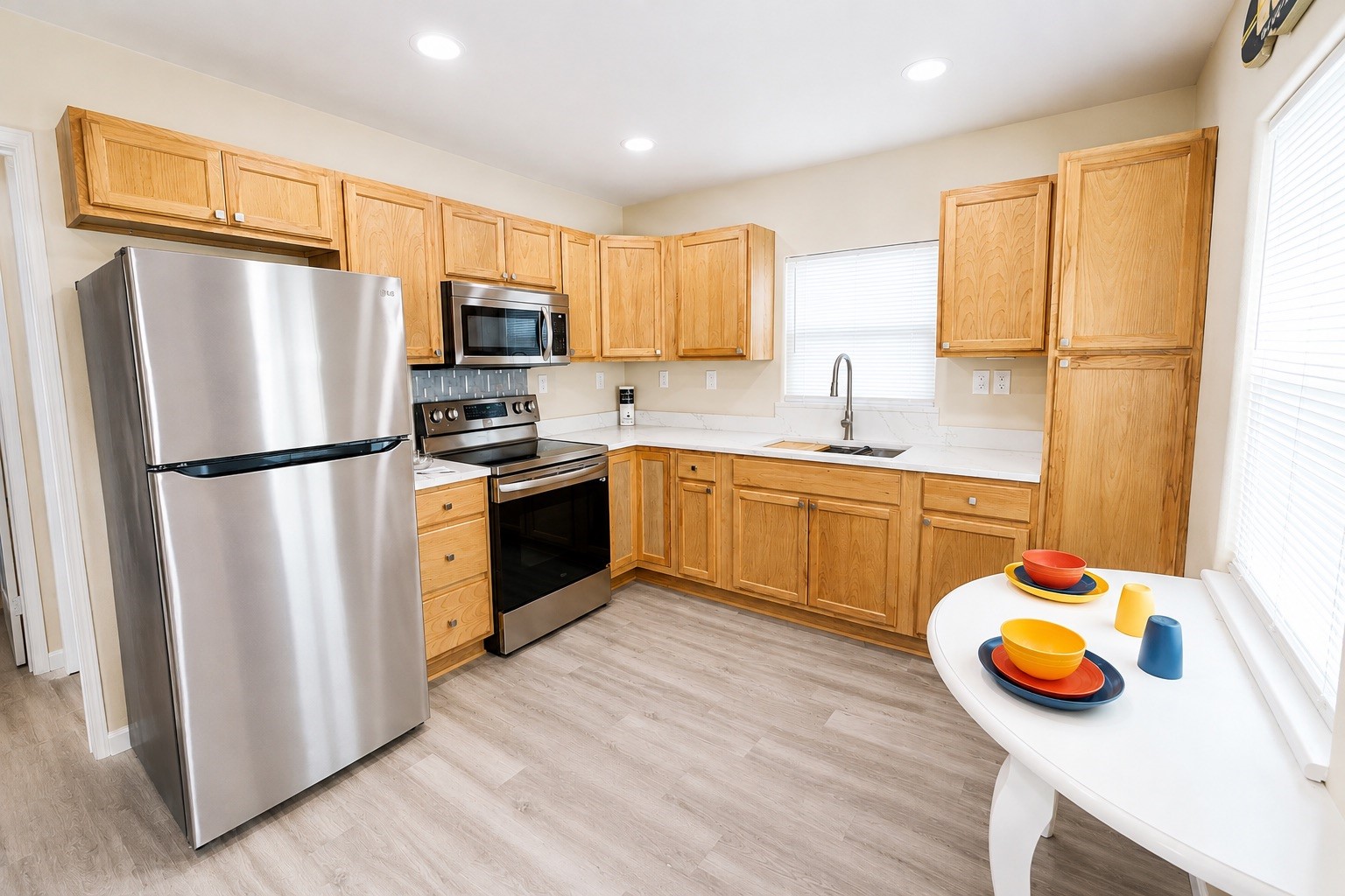 Bright and inviting kitchen with stainless steel appliances, warm wooden cabinetry, and a cozy breakfast nook, perfect for casual dining.