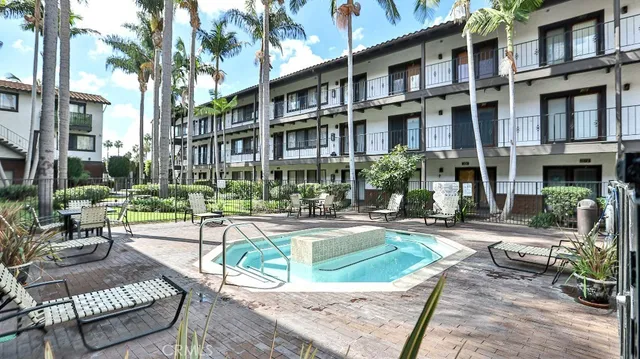 a view of a building with a patio