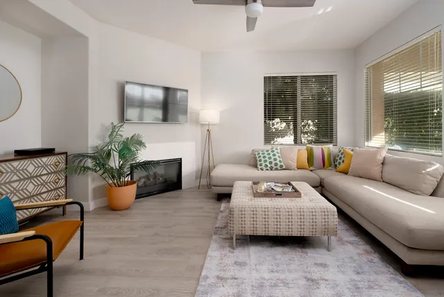 a living room with furniture and a potted plant