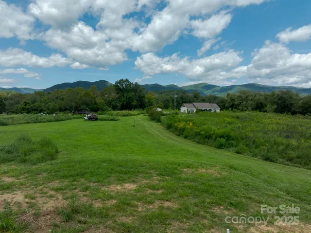 a view of grassy field with mountain