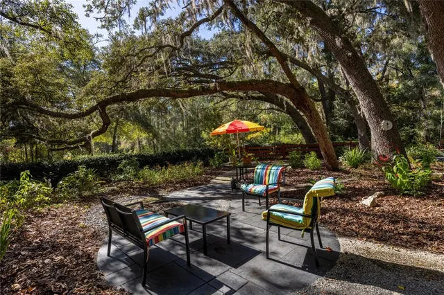 a view of a patio with table and chairs plants and large trees