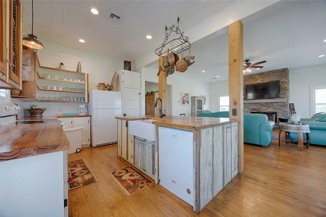 a dining room with wooden floor