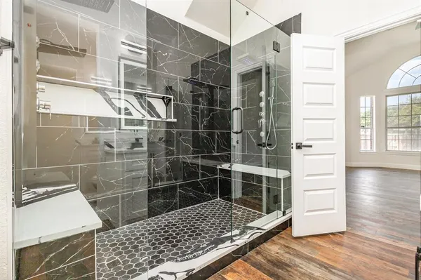 a bathroom with a shower