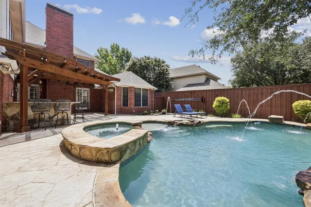 a swimming pool with outdoor seating and yard