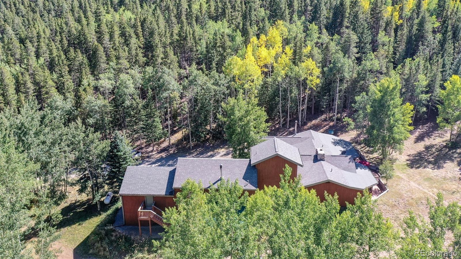 2720 South Spring Gulch Road Idaho Springs, CO 80452 - Photo 35 of 38 an aerial view of a house with swimming pool and garden