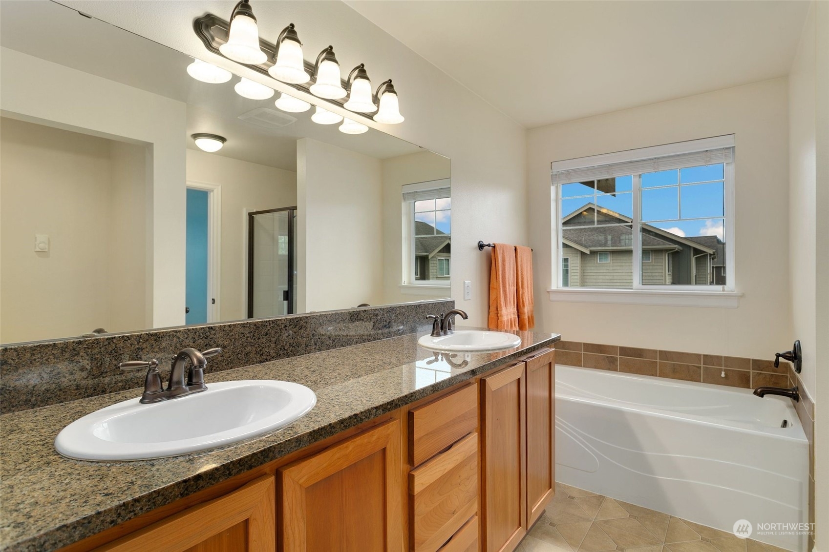 4600 Northeast 3rd Lane, Unit E1 Renton, WA 98059 - Photo 24 of 35 a bathroom with a granite countertop sink a large mirror and a bathtub