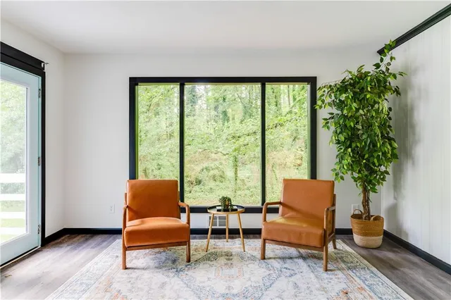 a living room with furniture and a potted plant