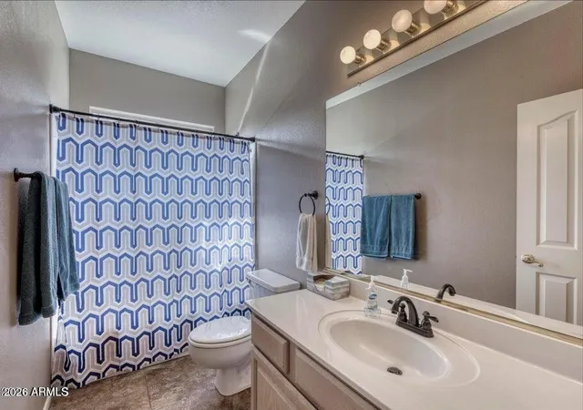 a bathroom with a sink a toilet a mirror and shower curtain