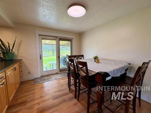 3197 Neeley Road American Falls, ID 83211 - Photo 8 of 45 Glass sliding doors opening to an exterior, wood-finish flooring, light tone cabinetry, and a flush mount ceiling light fixture