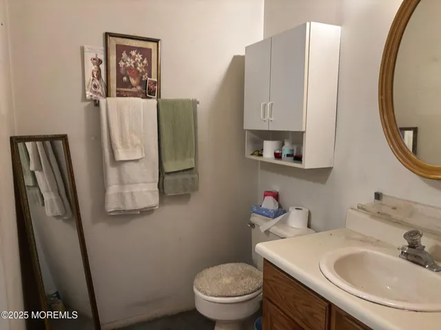 a bathroom with a sink mirror vanity and toilet
