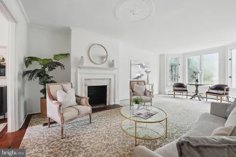 a living room with furniture a fireplace and a large mirror