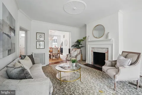 a living room with furniture a fireplace windows and a potted plant