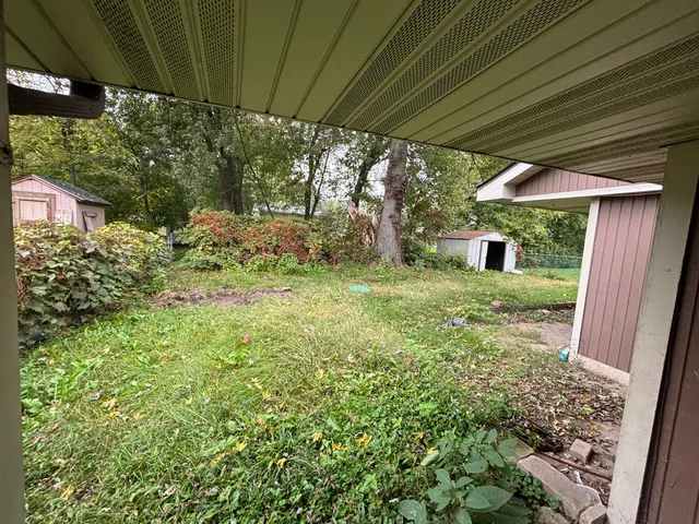 a view of a backyard with plants and a yard