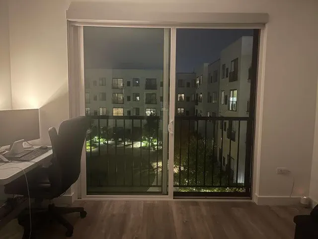 a room with glass door