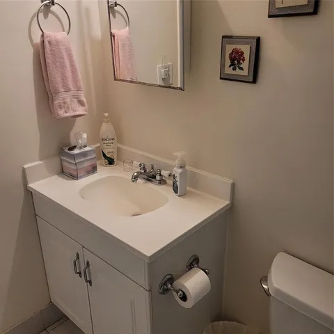 a bathroom with a sink vanity and toilet