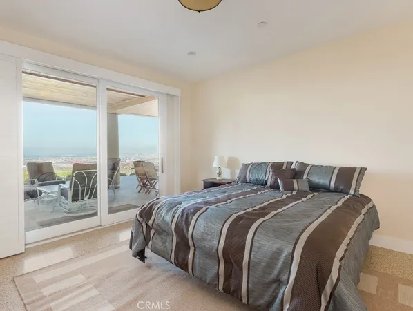 a bedroom with a bed and glass door