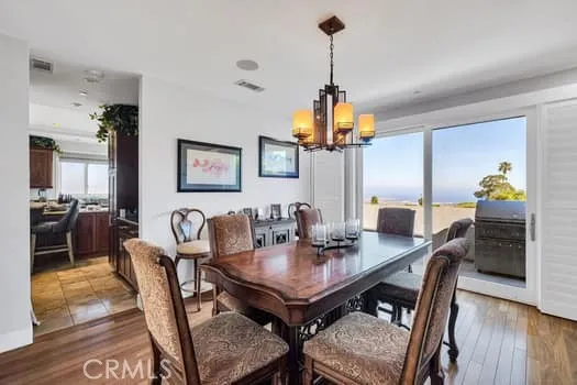 a view of a dining room furniture and wooden floor