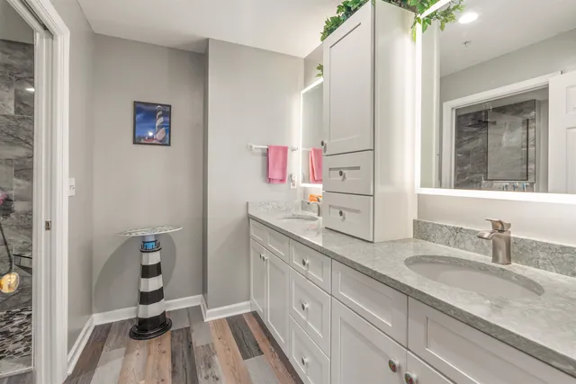 a bathroom with a sink a mirror and a shower