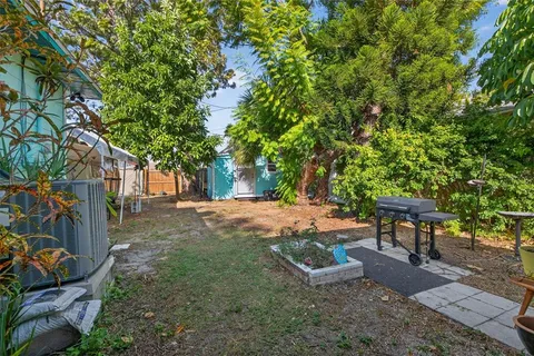 a view of a backyard with plants and trees