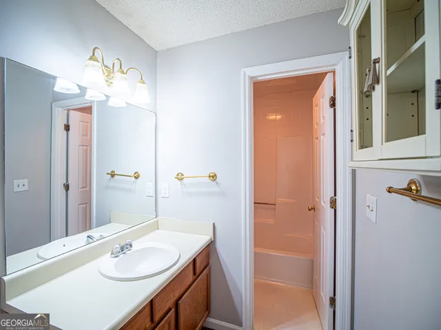 a bathroom with a sink vanity and a mirror