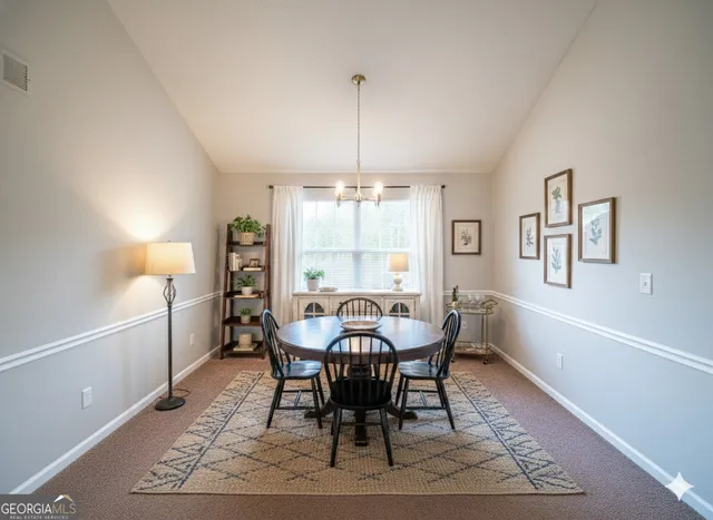 a dining room with furniture a chandelier and wooden floor