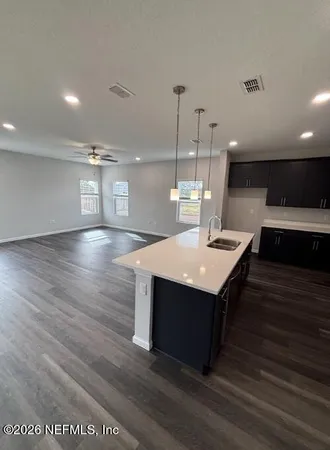 a kitchen with kitchen island a sink dishwasher and a fireplace with wooden floor