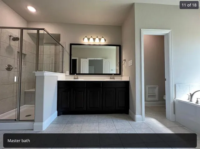 a bathroom with a sink a mirror and a shower