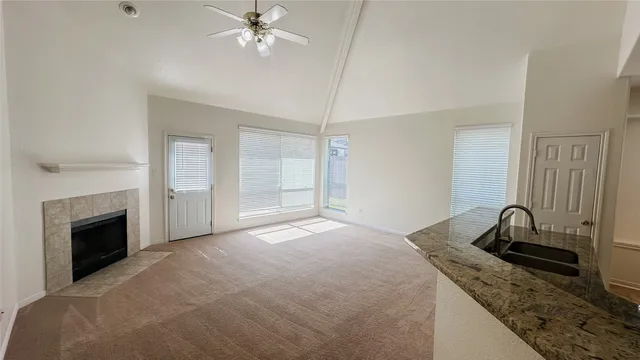 a room with a sink and a fireplace
