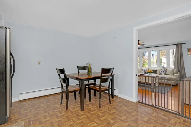 a view of a dining room with furniture
