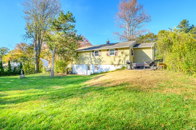 a view of a yard with a house and a large tree