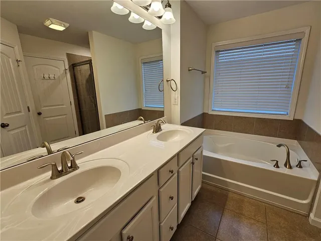 a bathroom with a tub sink and mirror