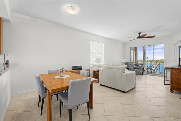 a view of a dining room with furniture
