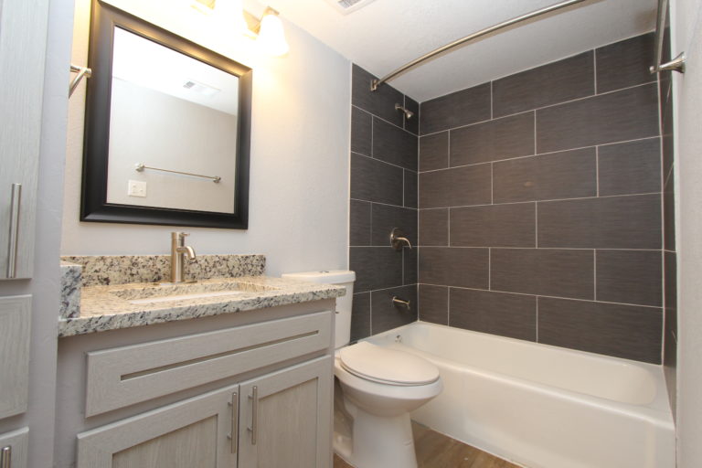 6509 Berkman Drive, Unit 106 Austin, TX 78723 - Photo 12 of 17 a bathroom with a granite countertop toilet a sink and mirror