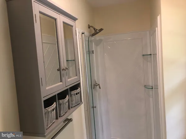 a bathroom with a shower and a mirror